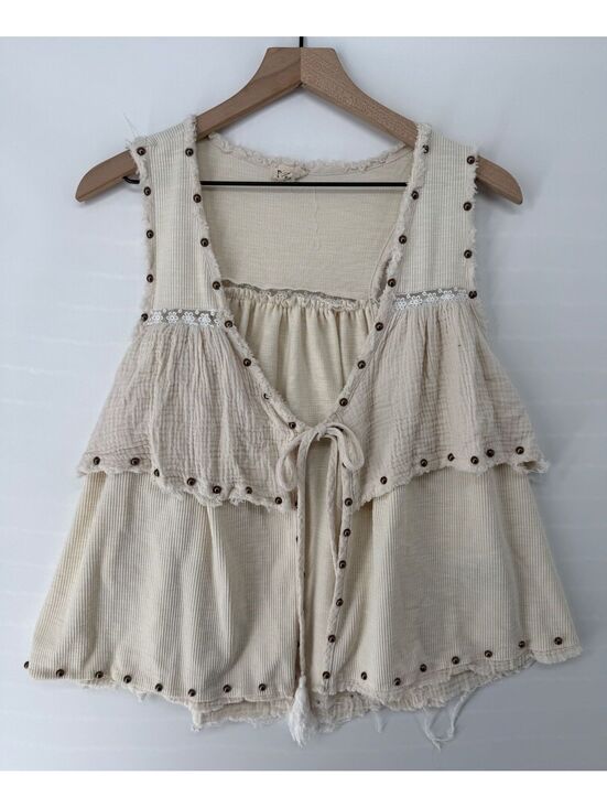POL Tops - POL Boho Babydoll Tank Top Small Cream Gauze Ribbed Studded Cottagecore